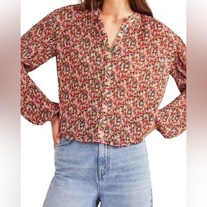 Boden Plisse Floral Pleat Blouse‎ Balloon Long Sleeves Button Up Top Size 16/18